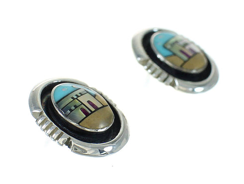 Silver Multicolor Inlay Native American Pueblo Design Post Earrings AX81258